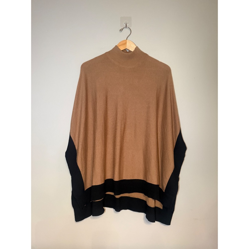 Joan Vass New York Tan Black Colorblock Mock Neck Poncho Sweater Womens S/P